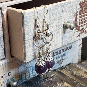 Amethyst Gemstone Lacy Trim Silver Carved Rose Handcrafted Earrings